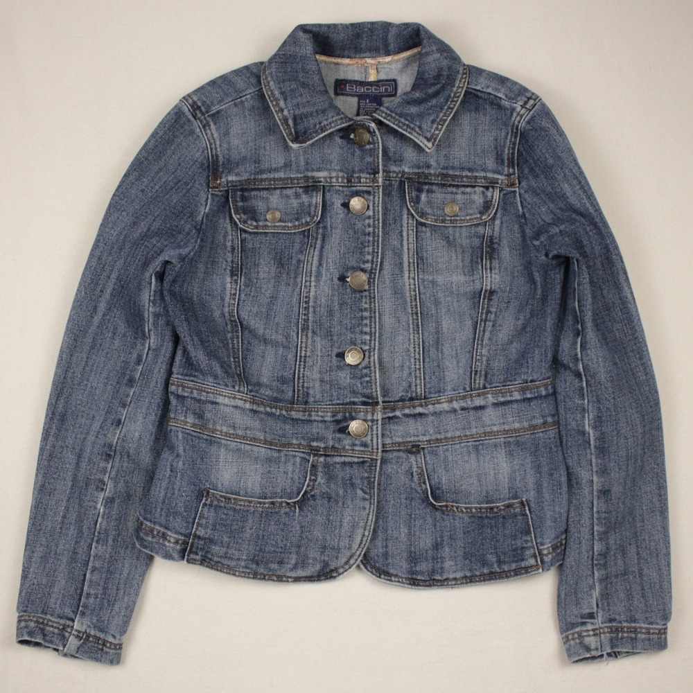 Baccini Fitted Denim Jacket Womens Small Y2K Tailored‎ Blue Jean Jacket Stretch